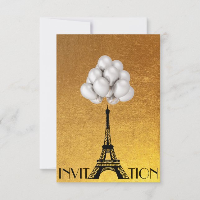 Paris Eiffel Torn Balloons White Guld Inbjudningar (Framsida)