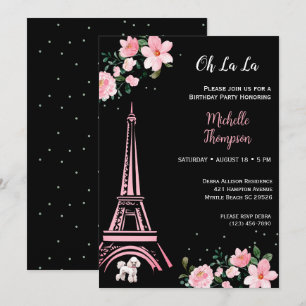 Paris Eiffel Torn Black and Rosa Blommigt Birthday Inbjudningar