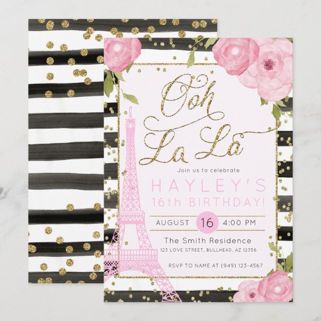 Paris Eiffel Torn Black Guld Birthday Inbjudan (Fram/baksida)