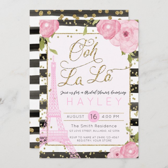 Paris Eiffel Torn Black Guld Möhippa Inbjudan (Fram/baksida)