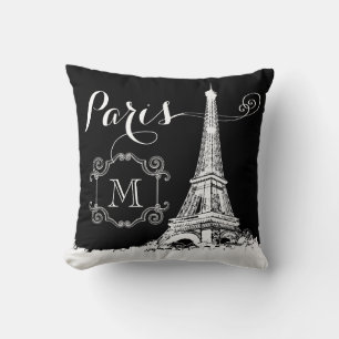 Paris Eiffel Torn Black och White Monogrammed Kudde
