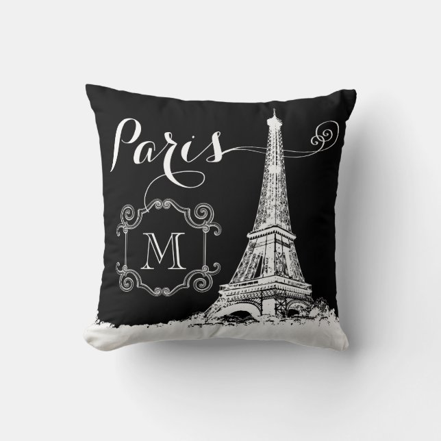 Paris Eiffel Torn Black och White Monogrammed Kudde (Framsida)