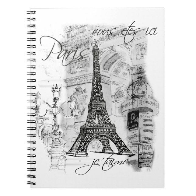 Paris Eiffel Torn Black & White Collage Anteckningsbok Med Spiral (Framsidan)