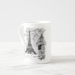 Paris Eiffel Torn Black & White Collage Fransk Benporslin Mugg