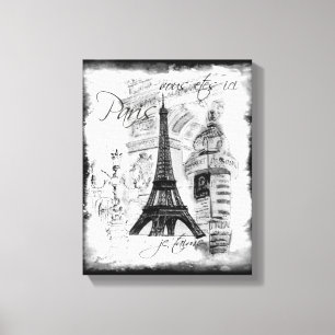 Paris Eiffel Torn Black & White Collage Scene Canvastryck