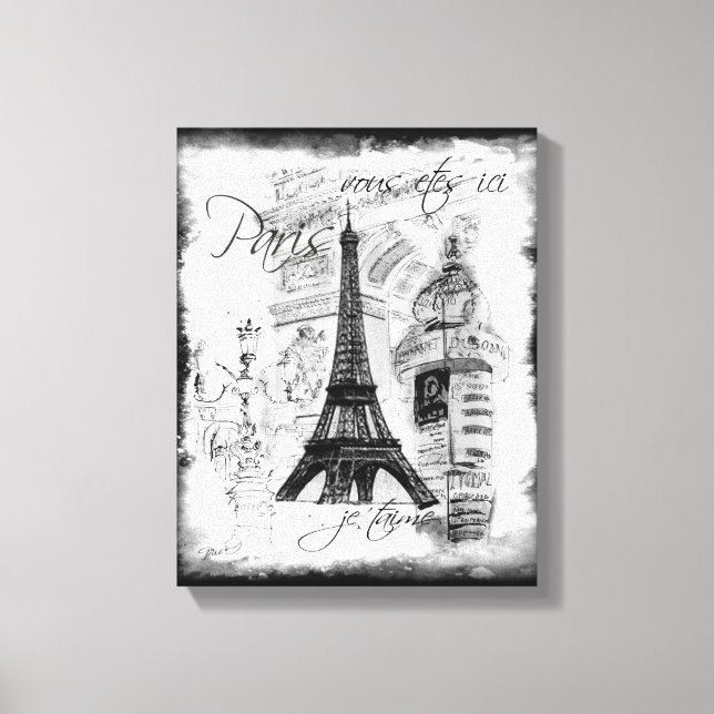 Paris Eiffel Torn Black & White Collage Scene Canvastryck (Framsida)