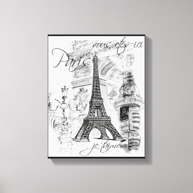 Paris Eiffel Torn Black & White Collage Scene Canvastryck (Framsida)