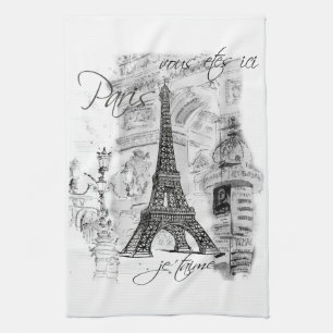 Paris Eiffel Torn Black & White Collage Scene Kökshandduk
