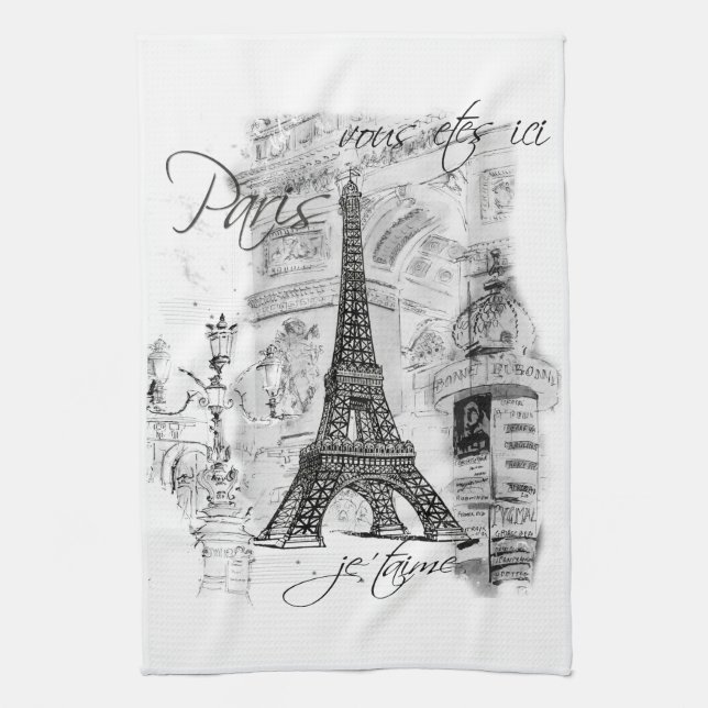 Paris Eiffel Torn Black & White Collage Scene Kökshandduk (Vertikal)