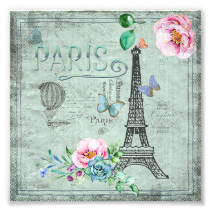 Paris-Eiffel Torn-Blomma-Blommigt-Vintage-Ro Fototryck