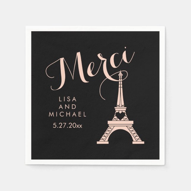Paris Eiffel Torn Bröllop Black och Rosa Merci Pappersservett (Framsidan)