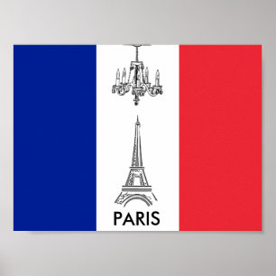 Paris Eiffel Torn Chandelier Fransk Flagga Poster
