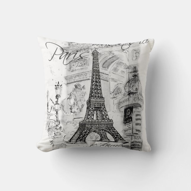 Paris Eiffel Torn Collage Black & White Kudde (Framsida)