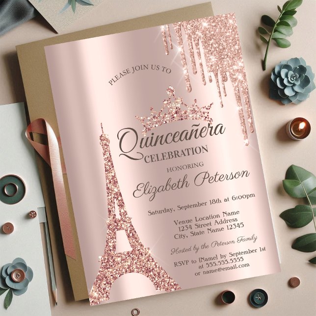 Paris Eiffel Torn,Drip Ro Guld Quinceañera Inbjudningar (Skapare uppladdad)