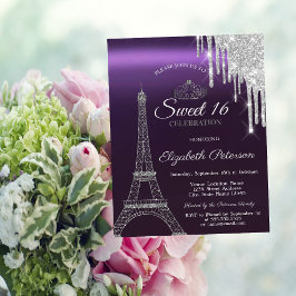 Paris Eiffel Torn,Drips,Lila Metallic Sweet 16 Inbjudningar