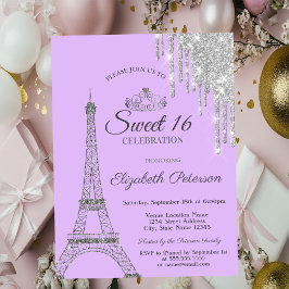 Paris Eiffel Torn,Drips Lila Sweet 16 Inbjudningar