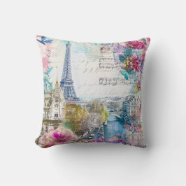 Paris Eiffel Torn Flowers Collage Travel Art Kudde