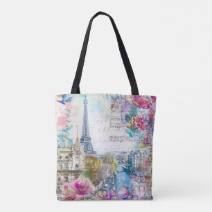 Paris Eiffel Torn Flowers Collage Travel Art Tygkasse