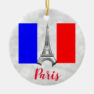 Paris Eiffel Torn Frankrike Fransk Flagga Julgransprydnad Keramik
