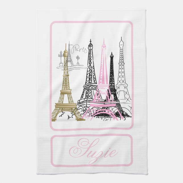 Paris Eiffel Torn Frankrike Rosa Decor Hand Towel Kökshandduk (Vertikal)
