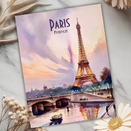 Paris Eiffel Torn Frankrike Sunset Watercolor Trav Vykort