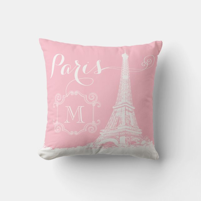 Paris Eiffel Torn Girly Rosa White Monogrammed Kudde (Framsida)