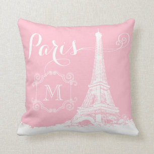Paris Eiffel Torn Girly Rosa White Monogrammed Kudde