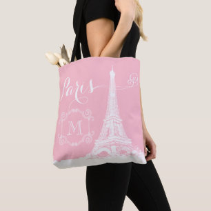 Paris Eiffel Torn Girly Rosa White Monogrammed Tygkasse