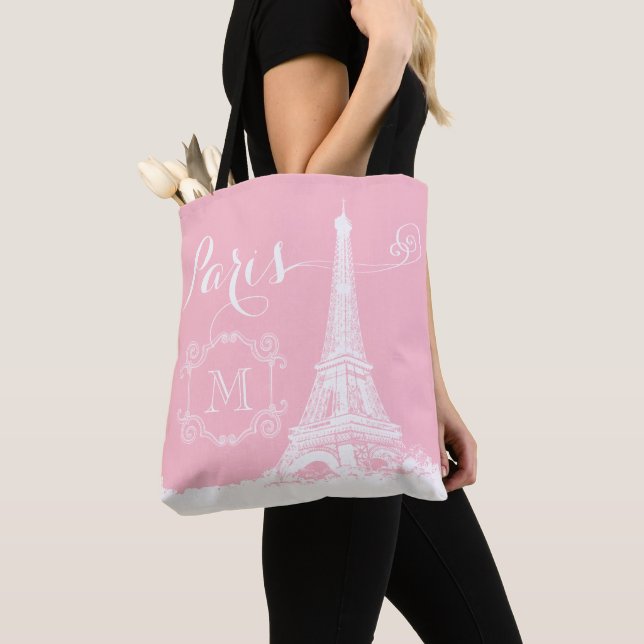 Paris Eiffel Torn Girly Rosa White Monogrammed Tygkasse (Närbild)
