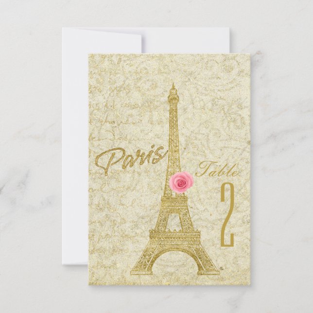 Paris Eiffel Torn Guld & Rosa Bordsnummer Card (Framsida)