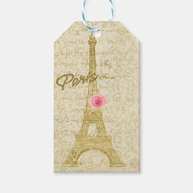 Paris Eiffel Torn Guld & Rosa Elegant Gift Märkre Presentetikett (Framsidan)