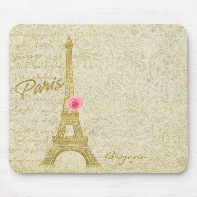 Paris Eiffel Torn Guld & Rosa Elegant Mouse Pad Musmatta (Framsidan)