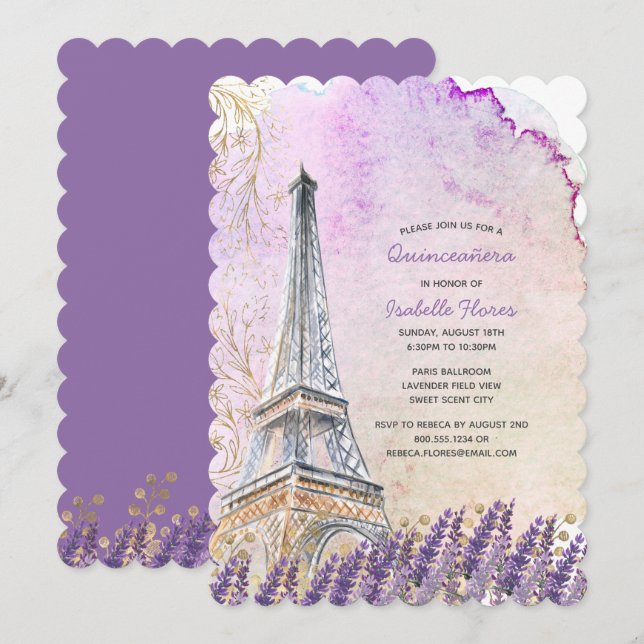 Paris Eiffel Torn Lavender Quinceanera Inbjudningar (Fram/baksida)