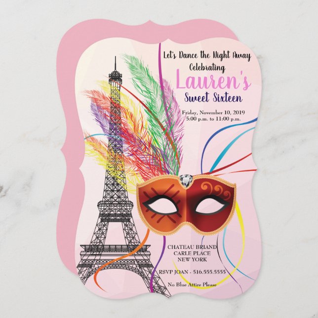 Paris Eiffel Torn Masquerauppad Sweet 16:e inbjuda Inbjudningar (Fram/baksida)