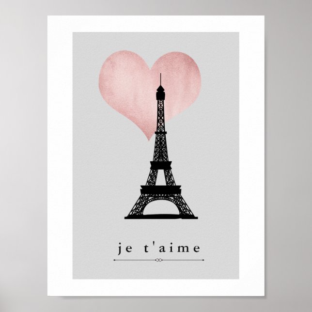 Paris Eiffel Torn med Ro Guld Heart Je T'aime Poster (Framsidan)
