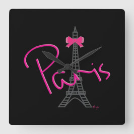 PARIS, Eiffel Torn med rosa Bow Fyrkantig Klocka