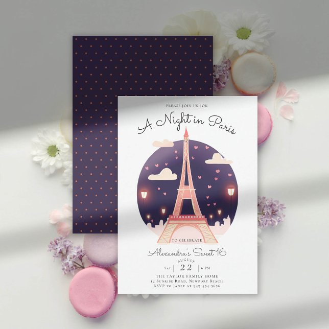 Paris Eiffel Torn Night Rosa Hearts Cute Sweet 16 Inbjudningar (a night in paris sweet 16 illustration whimsical eiffel tower pink hearts lights love amour elegant )