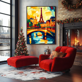 Paris Eiffel Torn och Bridge i Abstrakt Fauvist Poster