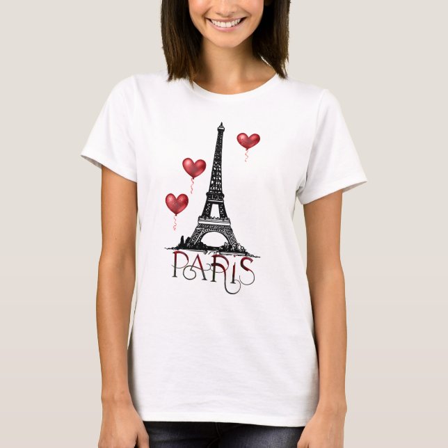 Paris, Eiffel Torn och Red Heart-ballonger T Shirt (Framsida)