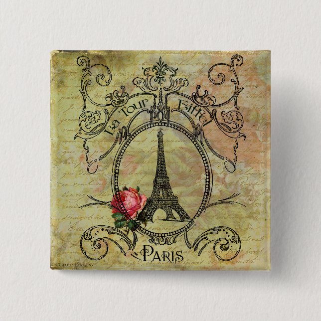 Paris Eiffel Torn och Röd ros Steampunk Knapp (Framsida)