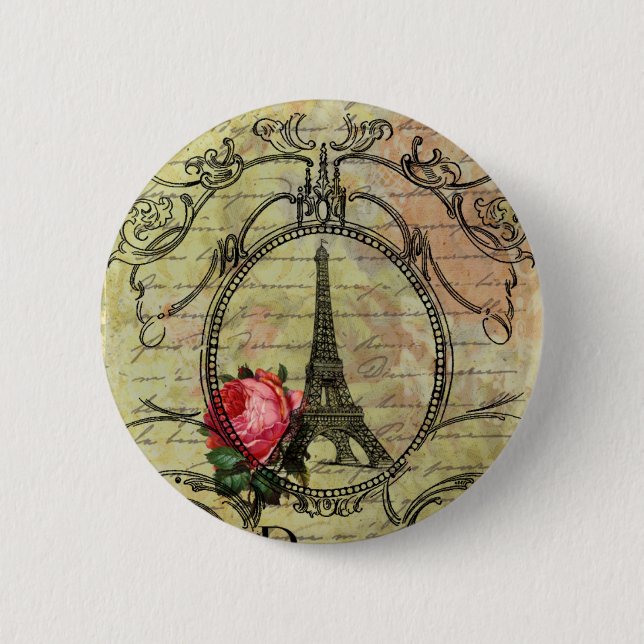 Paris Eiffel Torn och Röd ros Steampunk Knapp (Framsida)