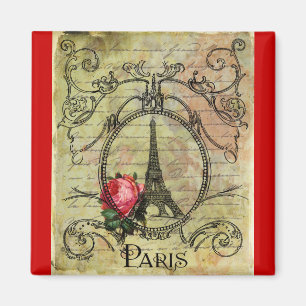 Paris Eiffel Torn och Röd ros Steampunk Magnet