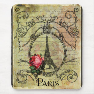 Paris Eiffel Torn och Röd ros Steampunk Musmatta