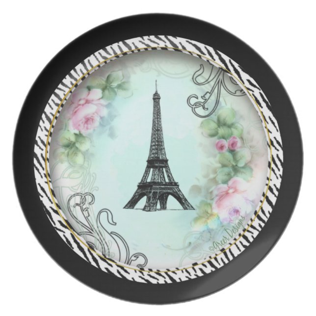 Paris Eiffel Torn och Rosa ros Tallrik (Framsidan)