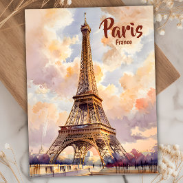 Paris Eiffel Torn Pastel Sunset Watercolor Travel Vykort