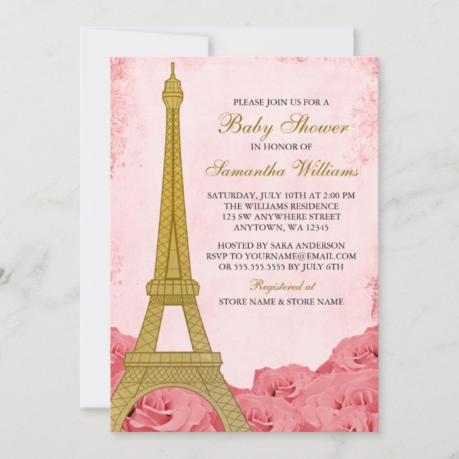 Paris Eiffel Torn Ro Rosa  Guld Baby Shower Inbjudningar (Framsida)