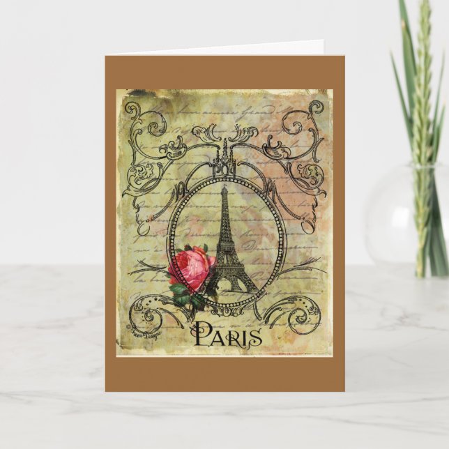 Paris Eiffel Torn & Röd ros Steampunk Kort (Framsida)