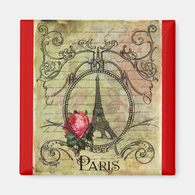 Paris Eiffel Torn & Röd ros Steampunk Magnet (Framsidan)