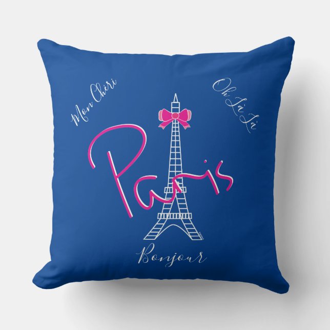 Paris, Eiffel Torn Rosa Bow Fransk Modern Blue Kudde (Framsida)
