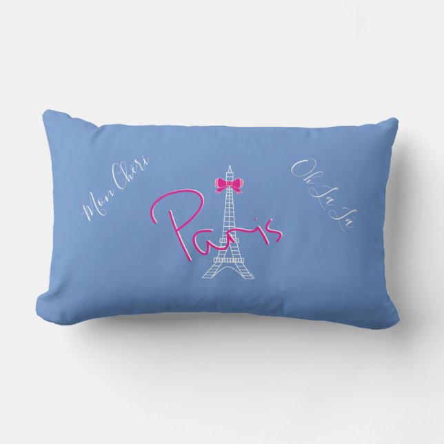 Paris, Eiffel Torn Rosa Bow Fransk Modern Blue Lumbarkudde (Framsida)